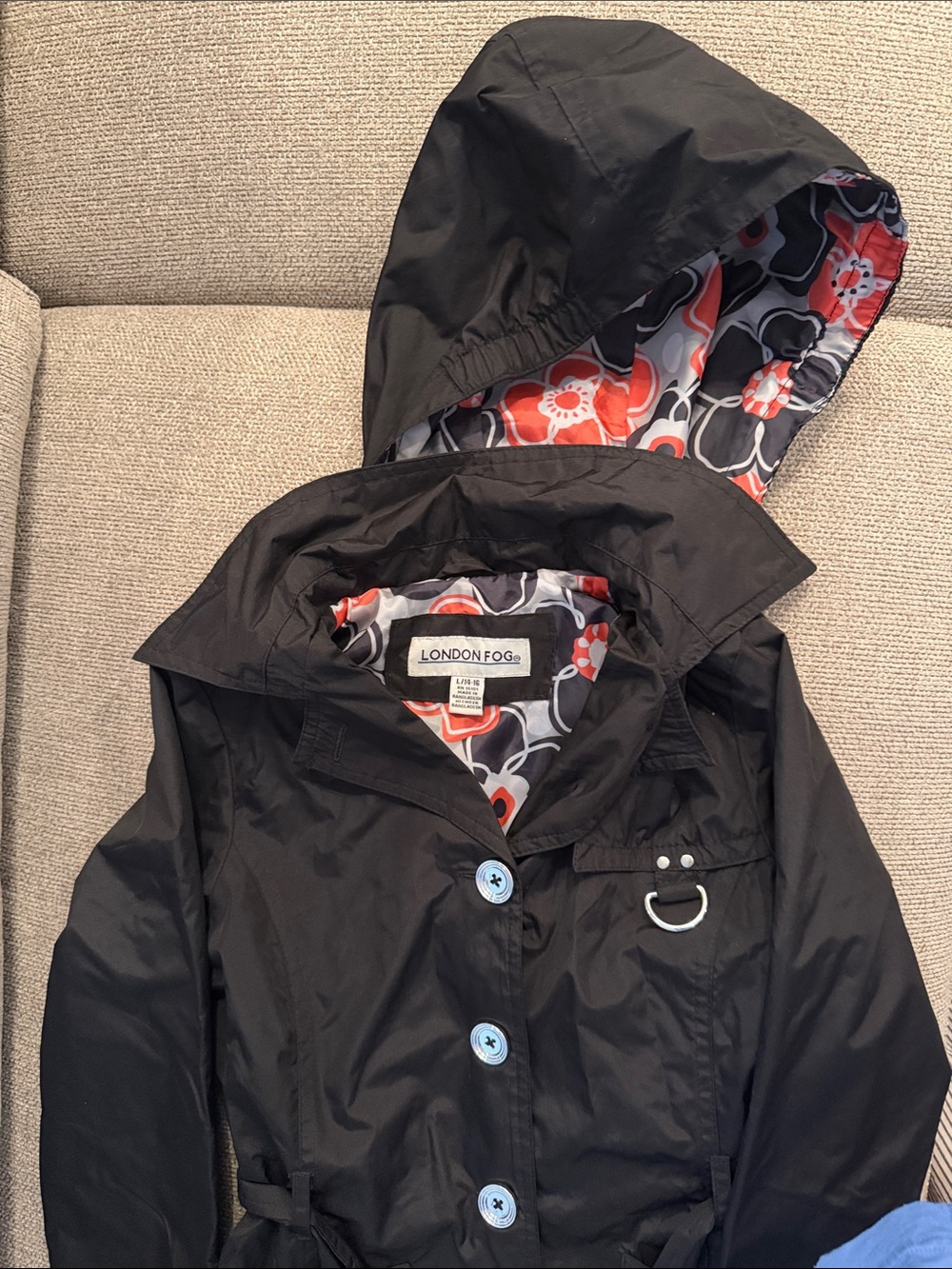 London Fog Black Hooded Kids Raincoat with Floral Lining